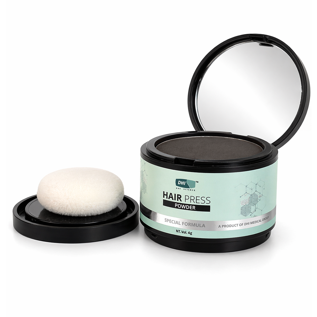 DHI Hair Press Powder - Instant Natural Grey Coverage, Hairline & Beard Filler, Matte Finish, Black, 4 gms