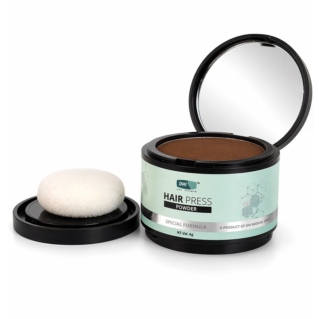DHI Hair Press Powder - Instant Natural Grey Coverage, Hairline & Beard Filler, Matte Finish, Brown, 4 gms