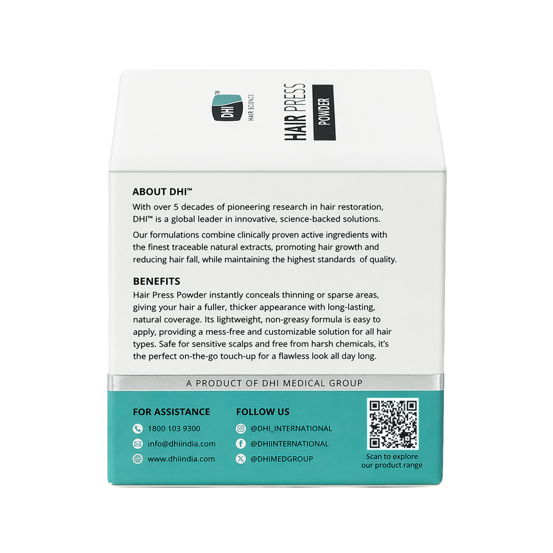 DHI Hair Press Powder - Instant Natural Grey Coverage, Hairline & Beard Filler, Matte Finish, Brown, 4 gms