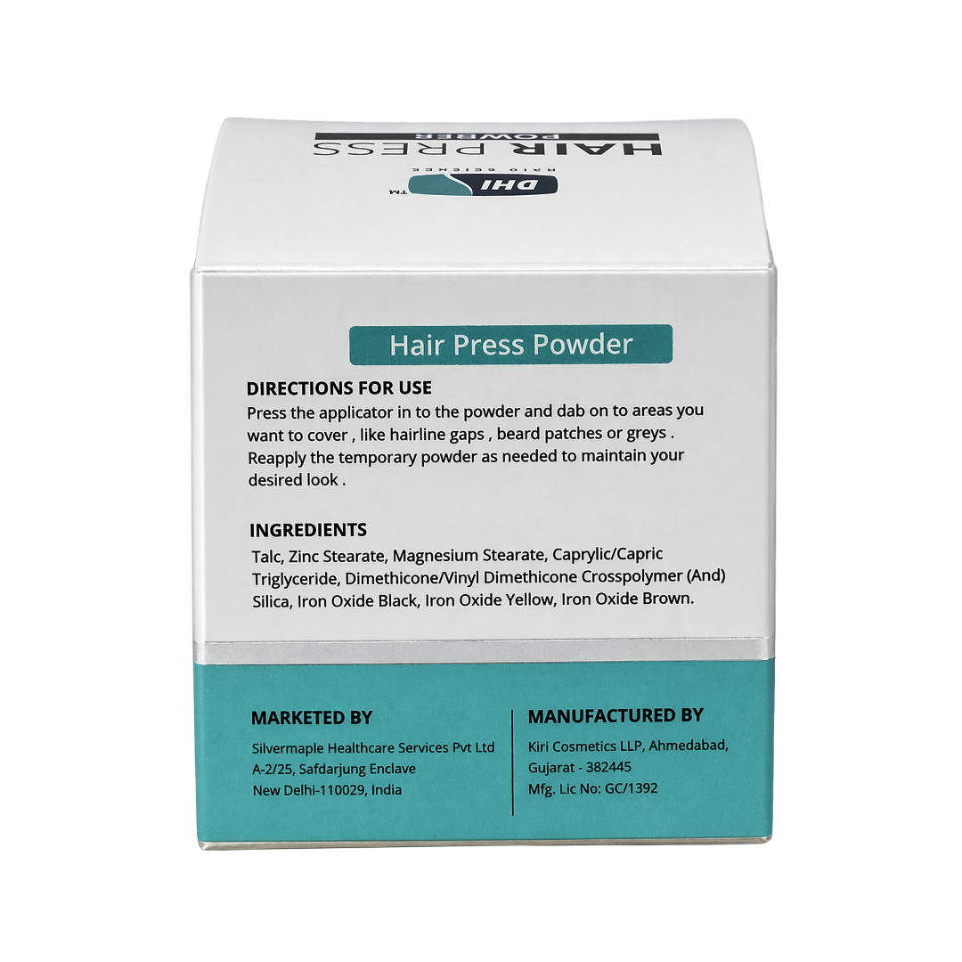 DHI Hair Press Powder - Instant Natural Grey Coverage, Hairline & Beard Filler, Matte Finish, Black, 4 gms