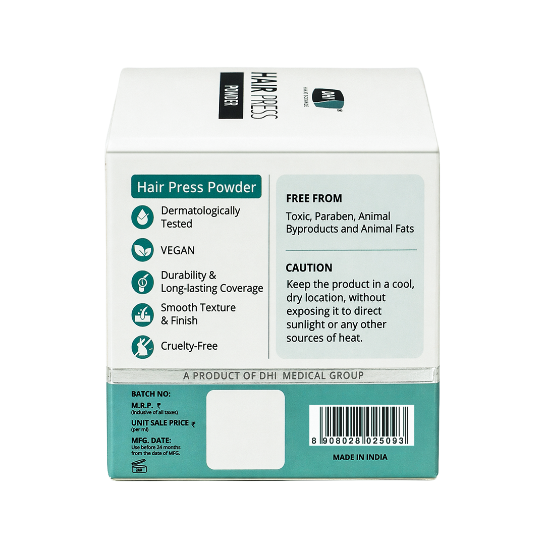 DHI Hair Press Powder - Instant Natural Grey Coverage, Hairline & Beard Filler, Matte Finish, Black, 4 gms