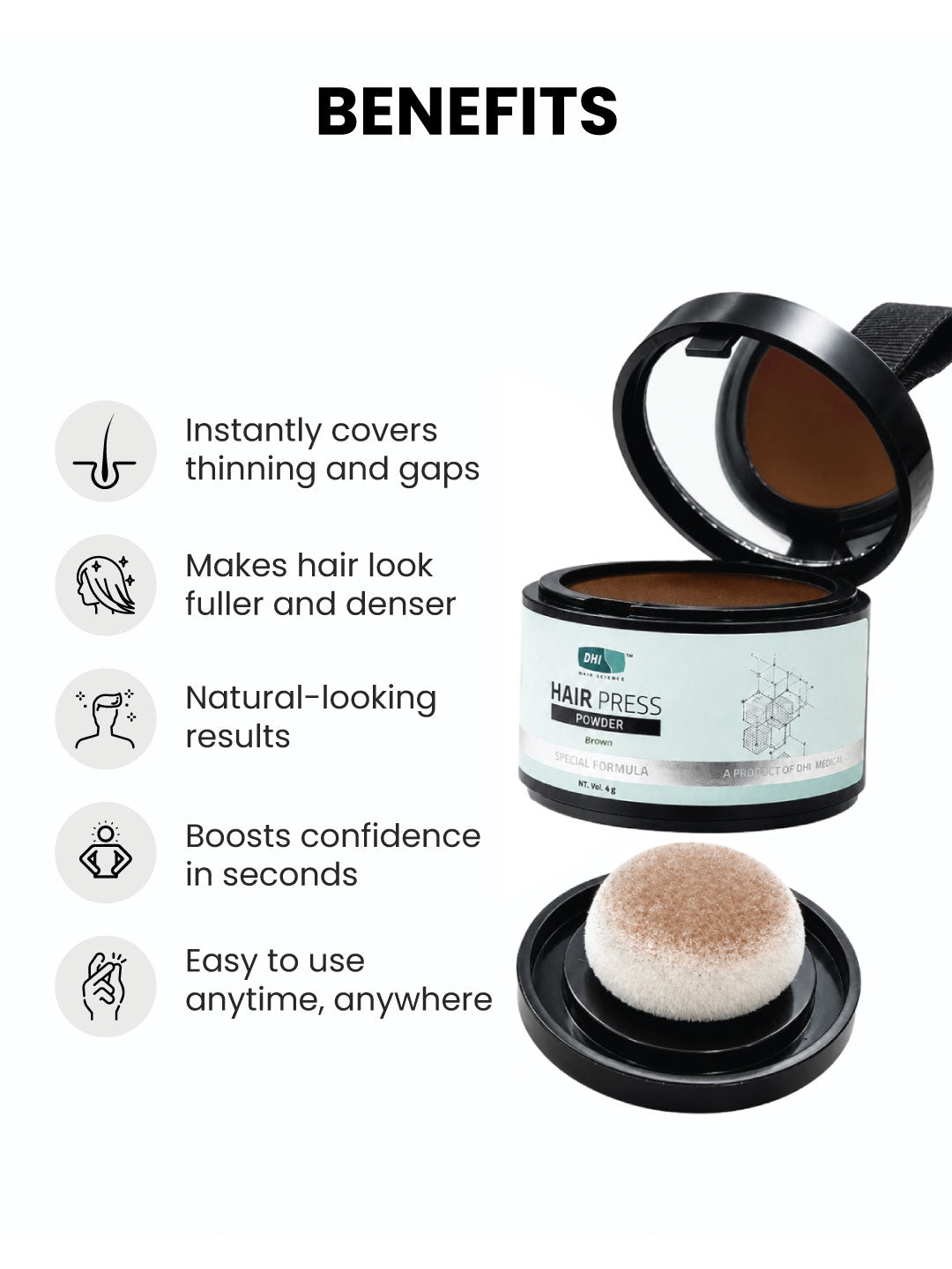 DHI Hair Press Powder - Instant Natural Grey Coverage, Hairline & Beard Filler, Matte Finish, Brown, 4 gms