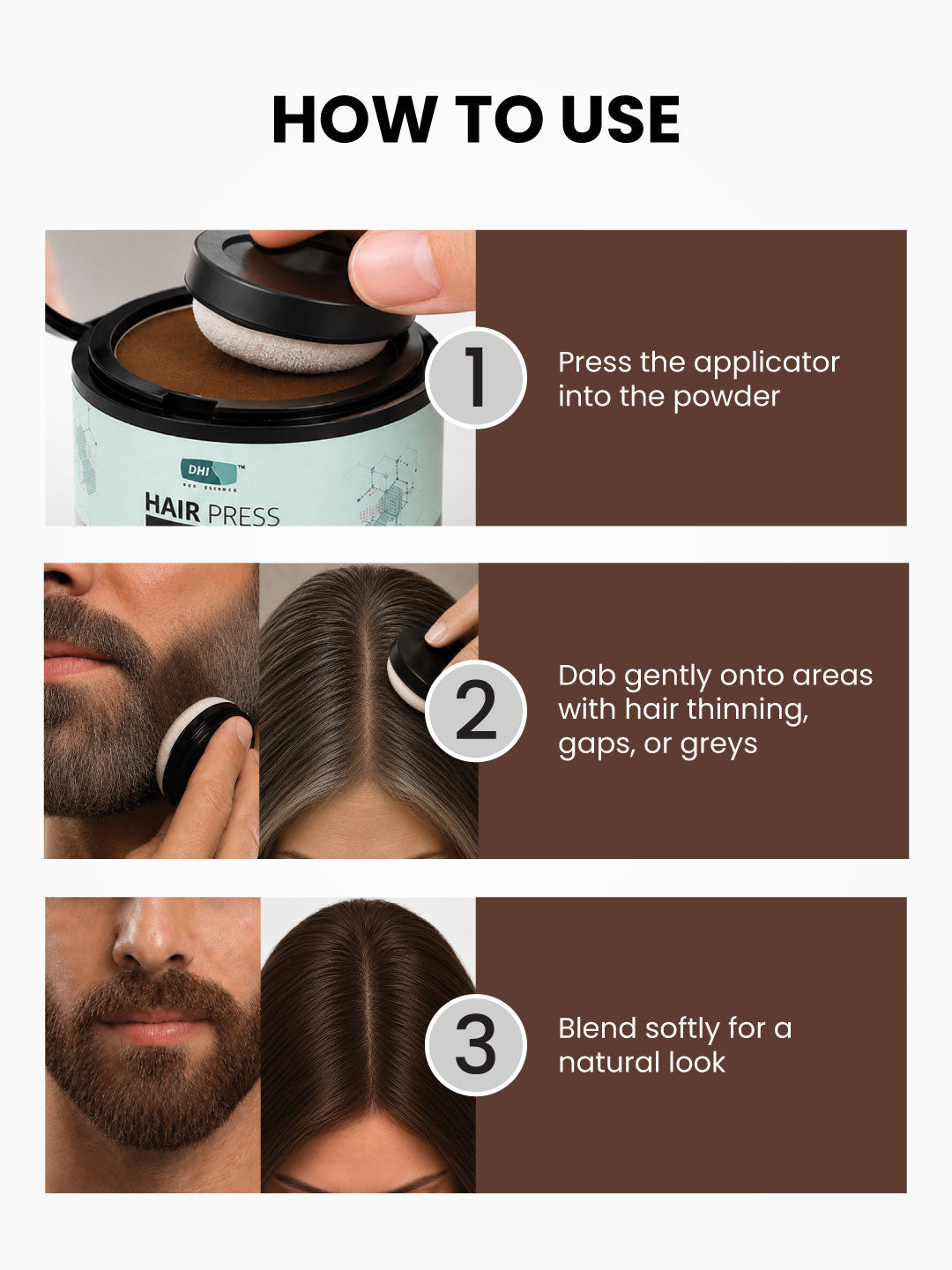 DHI Hair Press Powder - Instant Natural Grey Coverage, Hairline & Beard Filler, Matte Finish, Brown, 4 gms