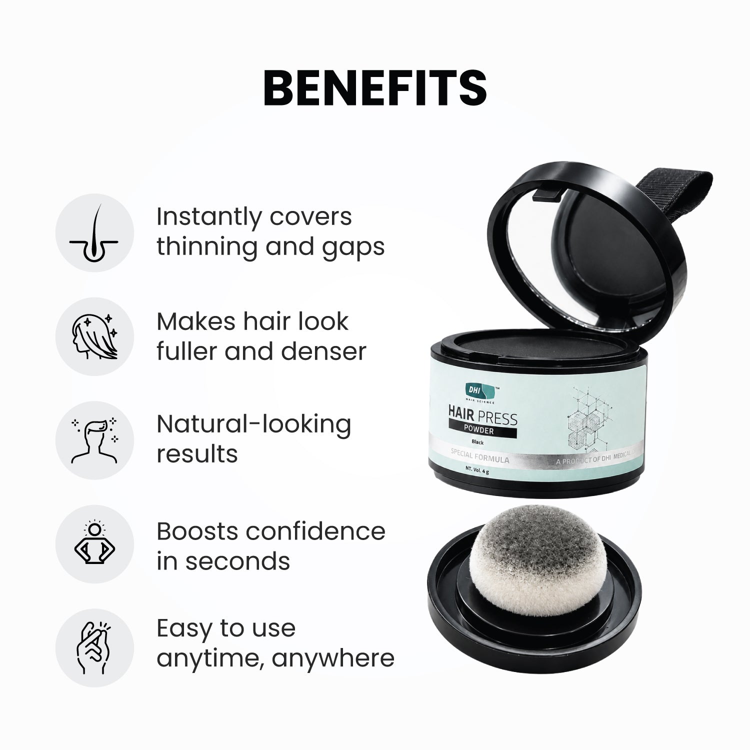 DHI Hair Press Powder - Instant Natural Grey Coverage, Hairline & Beard Filler, Matte Finish, Black, 4 gms