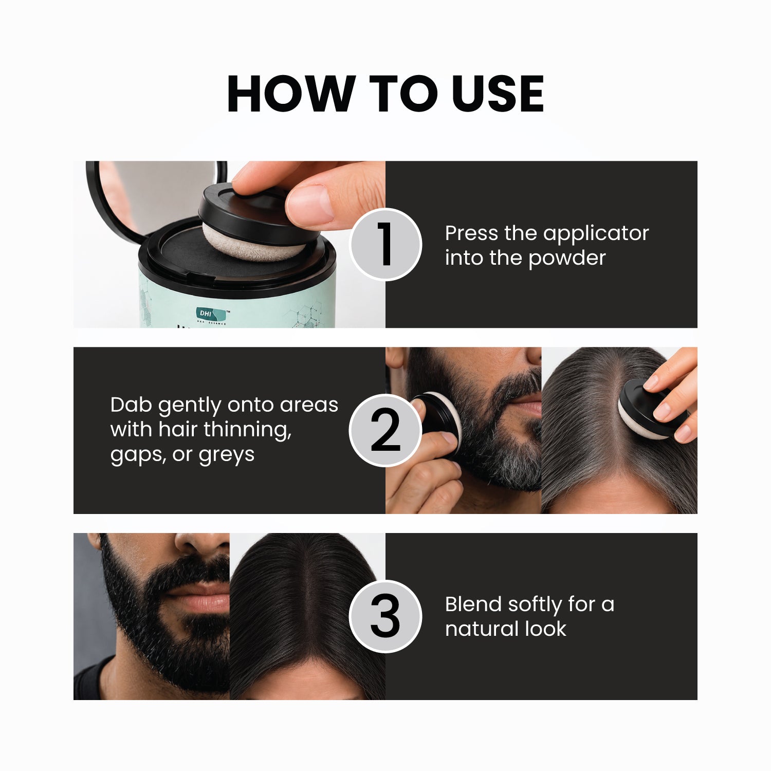 DHI Hair Press Powder - Instant Natural Grey Coverage, Hairline & Beard Filler, Matte Finish, Black, 4 gms