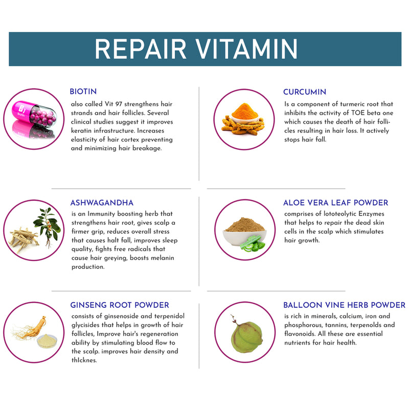 DHI Hair Repair Vitamin Supplements with Plant Based, Biotin Enrich, Vitamin B6, Vitamin C, Vitamin E, Calcium, Iron, Zinc, Asian Ginseng Root, Sea Buckthorn Powder - 60 Veg Capsules